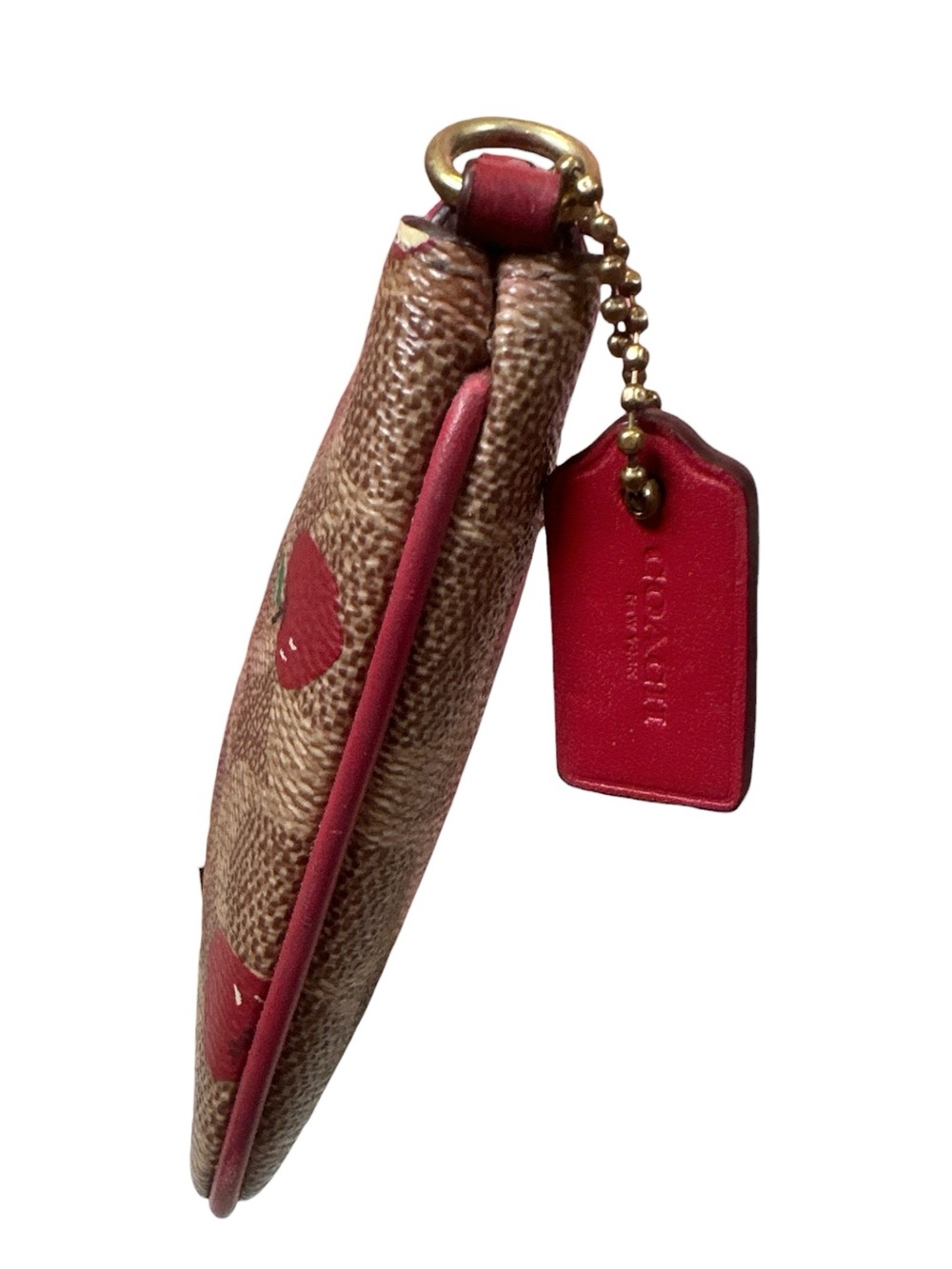 COACH Brown Signature Canvas Wristlet with Red & Cream Apple Print - Picture 4 of 11